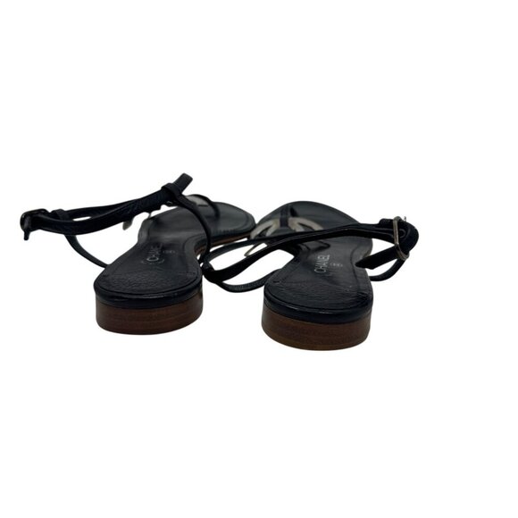 Chanel Black leather thong sandals size 37 7 big silver metal logo flats - Picture 11 of 16